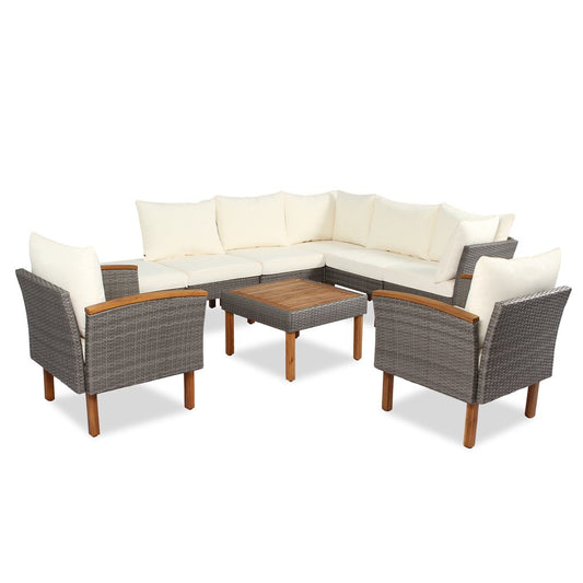 Nine Piece Gray and Beige Rattan Upholstered Cushions Sectional Seating Group With Table