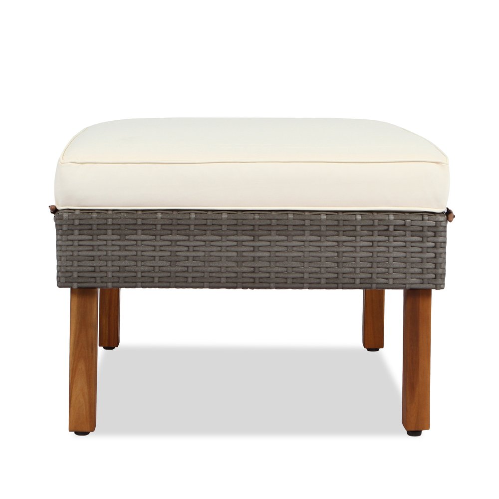 Nine Piece Gray and Beige Rattan Upholstered Cushions Sectional Seating Group With Table