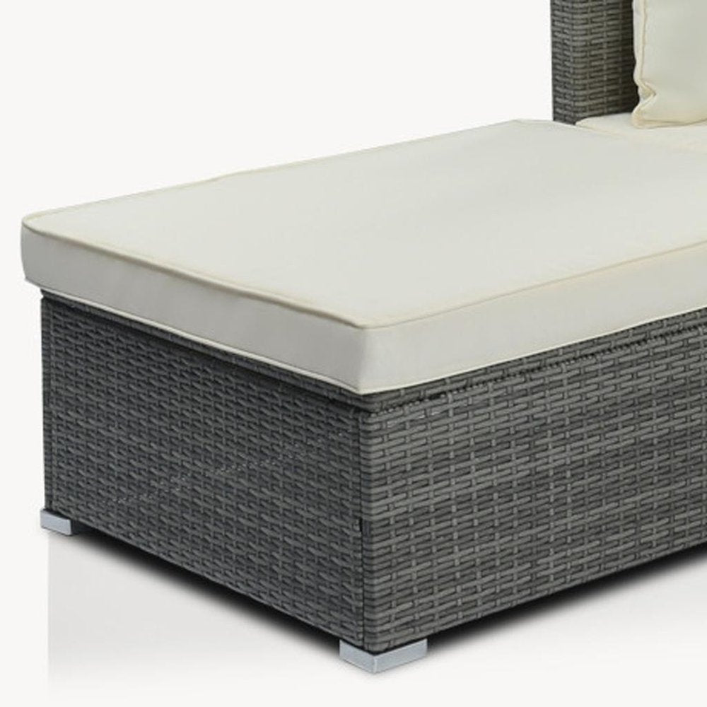 Eight Piece Gray and Beige Wicker Upholstered Cushions Sectional Seating Group With Table