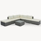 Eight Piece Gray and Beige Wicker Upholstered Cushions Sectional Seating Group With Table