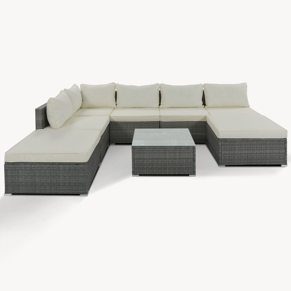 Eight Piece Gray and Beige Wicker Upholstered Cushions Sectional Seating Group With Table