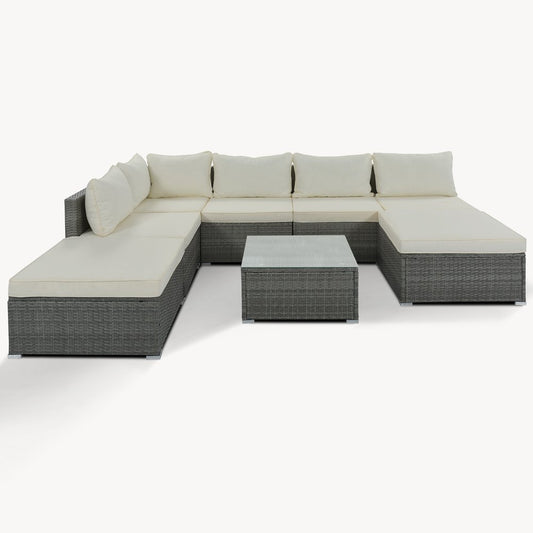 Eight Piece Gray and Beige Wicker Upholstered Cushions Sectional Seating Group With Table