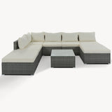 Eight Piece Gray and Beige Wicker Upholstered Cushions Sectional Seating Group With Table