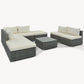 Eight Piece Gray and Beige Wicker Upholstered Cushions Sectional Seating Group With Table