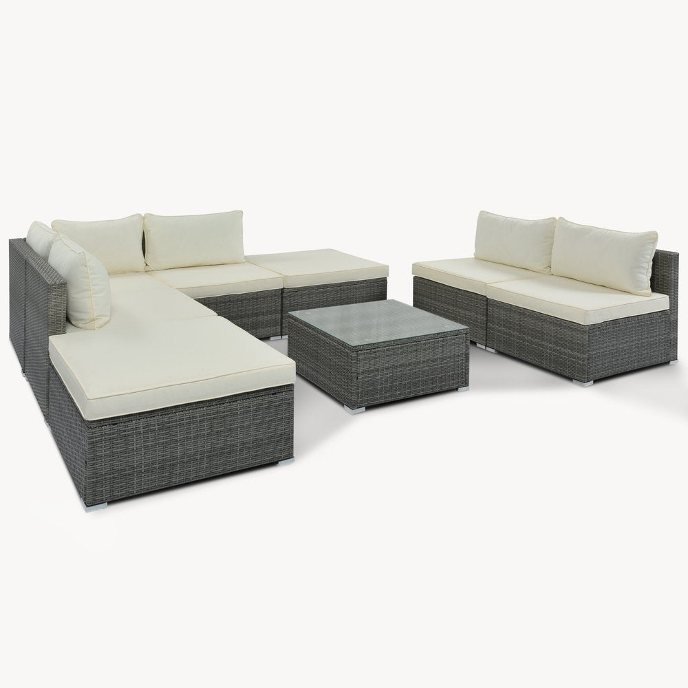 Eight Piece Gray and Beige Wicker Upholstered Cushions Sectional Seating Group With Table