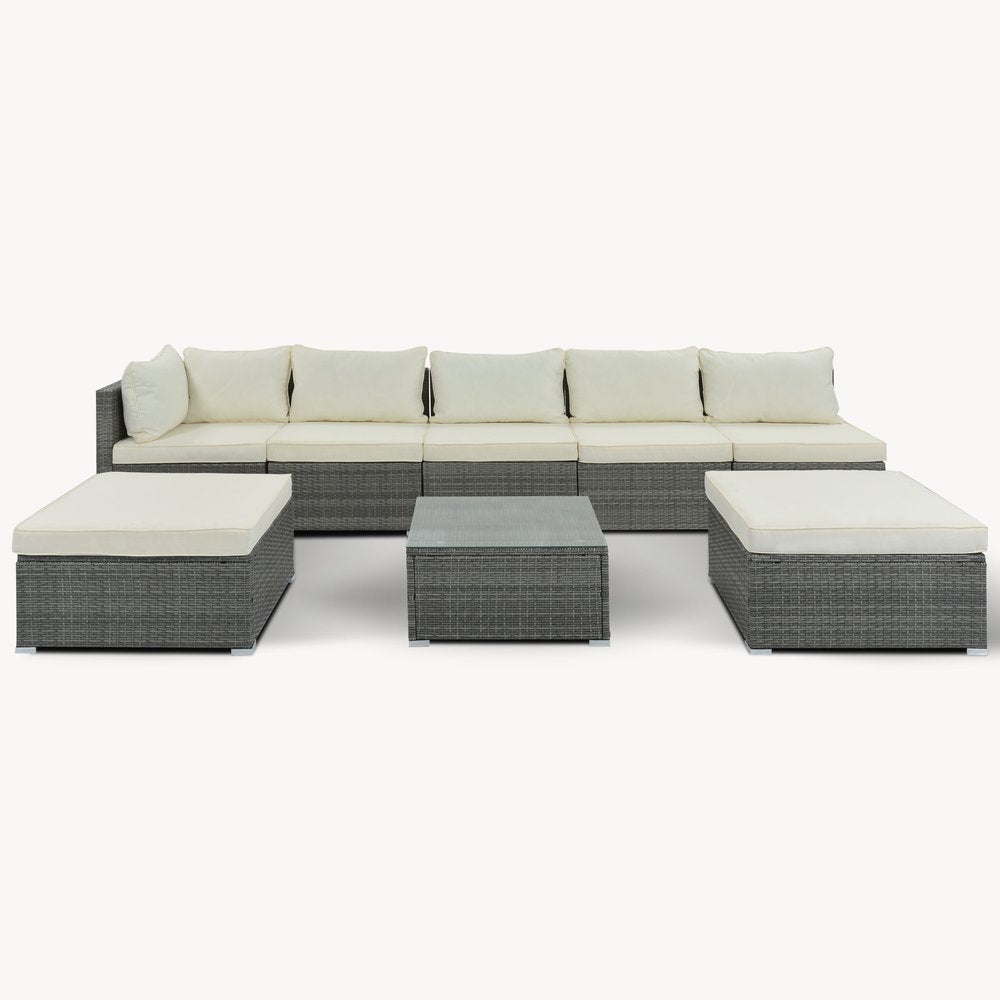 Eight Piece Gray and Beige Wicker Upholstered Cushions Sectional Seating Group With Table