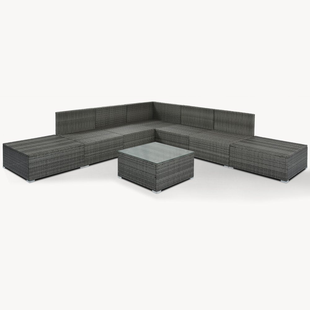 Eight Piece Gray and Beige Wicker Upholstered Cushions Sectional Seating Group With Table