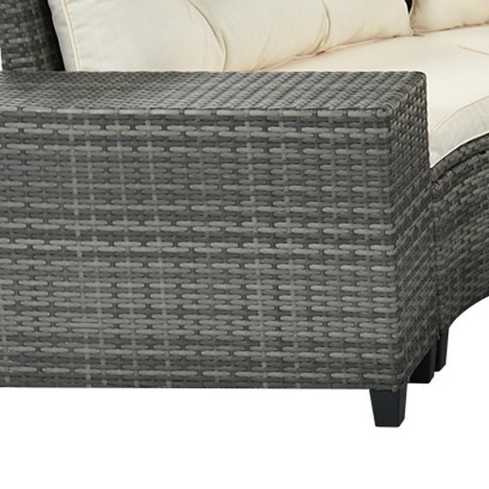 Eight Piece Gray and Beige Wicker Upholstered Cushions Sectional Seating Group With Table