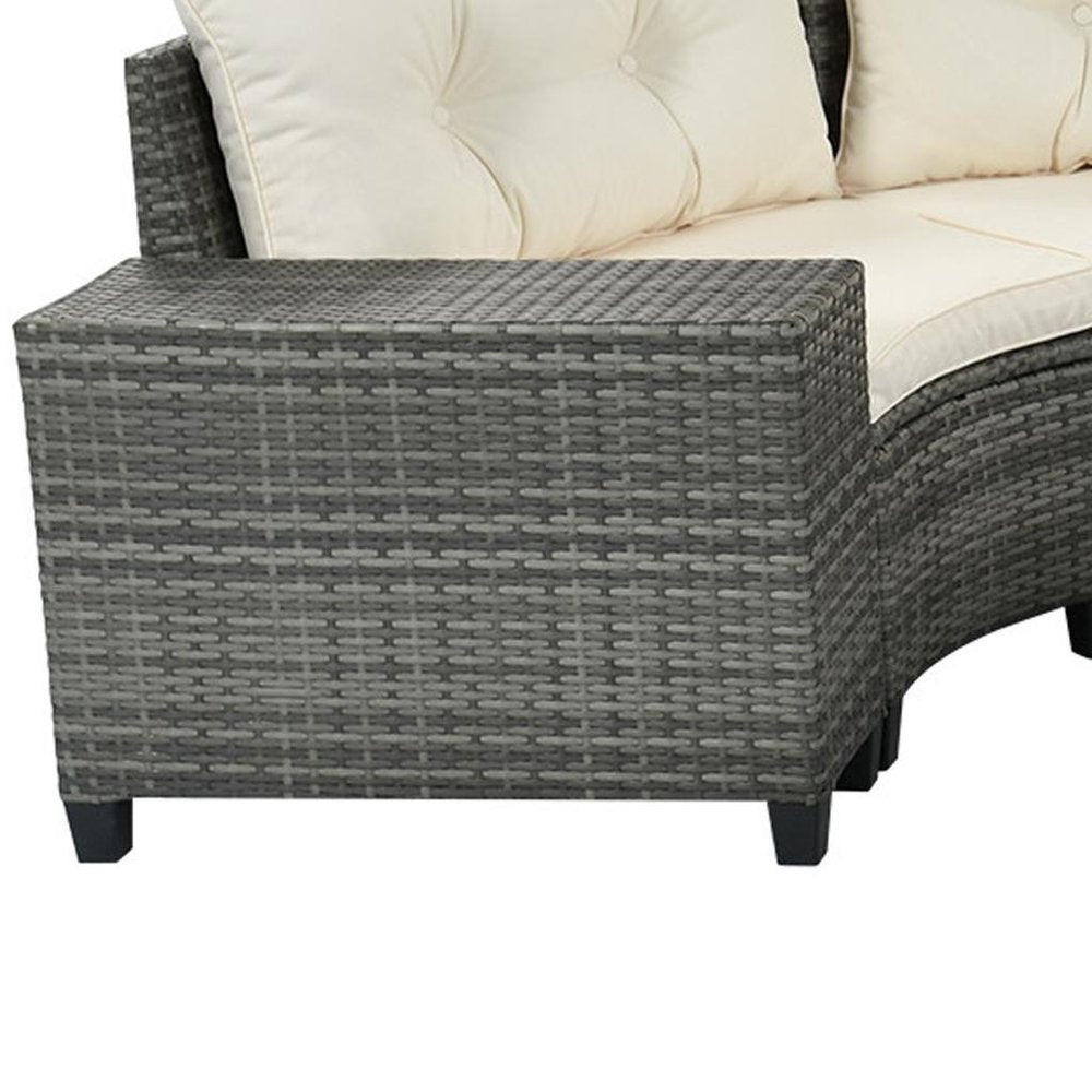 Eight Piece Gray and Beige Wicker Upholstered Cushions Sectional Seating Group With Table