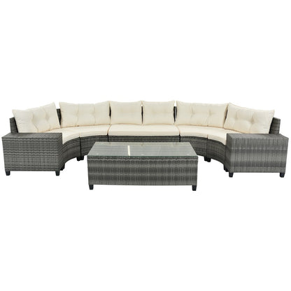 Eight Piece Gray and Beige Wicker Upholstered Cushions Sectional Seating Group With Table
