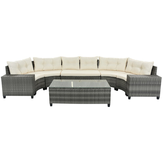 Eight Piece Gray and Beige Wicker Upholstered Cushions Sectional Seating Group With Table