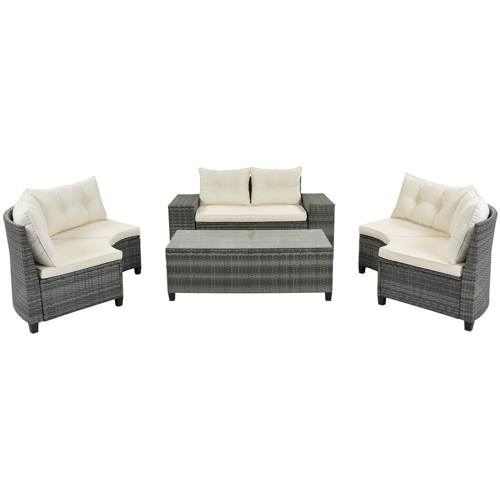 Eight Piece Gray and Beige Wicker Upholstered Cushions Sectional Seating Group With Table
