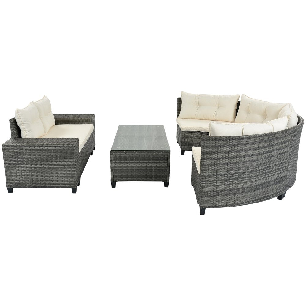 Eight Piece Gray and Beige Wicker Upholstered Cushions Sectional Seating Group With Table