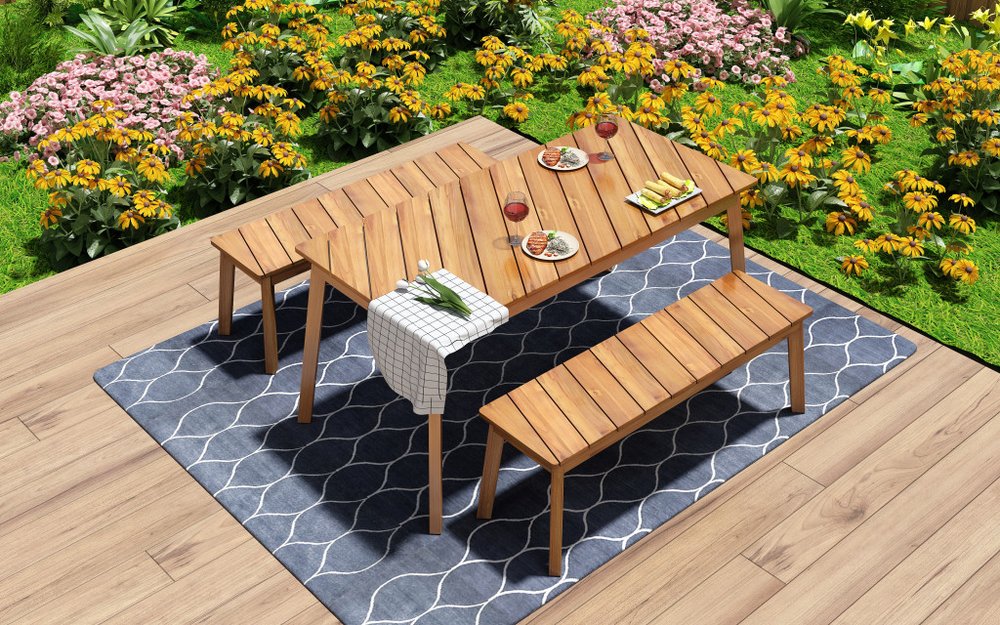 Three Piece Natural Solid Wood Outdoor Patio Set With Table