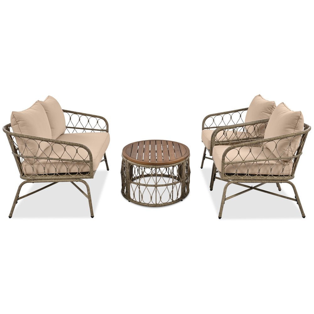 Four Piece Beige and Tan Wicker Upholstered Cushions Sofa Seating Group With Table