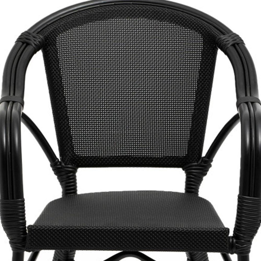 Set of Two Black Textured Mesh Sling And Aluminum Outdoor Stacking Arm Chairs