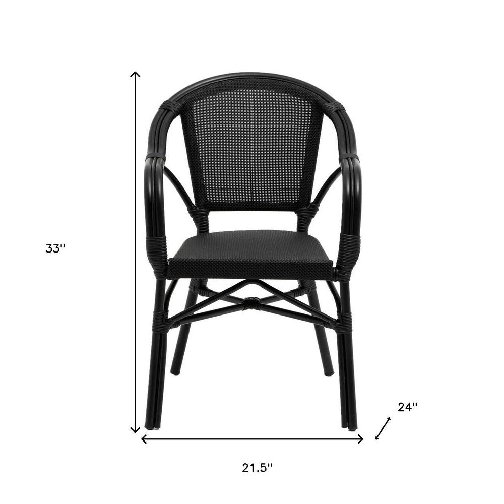 Set of Two Black Textured Mesh Sling And Aluminum Outdoor Stacking Arm Chairs