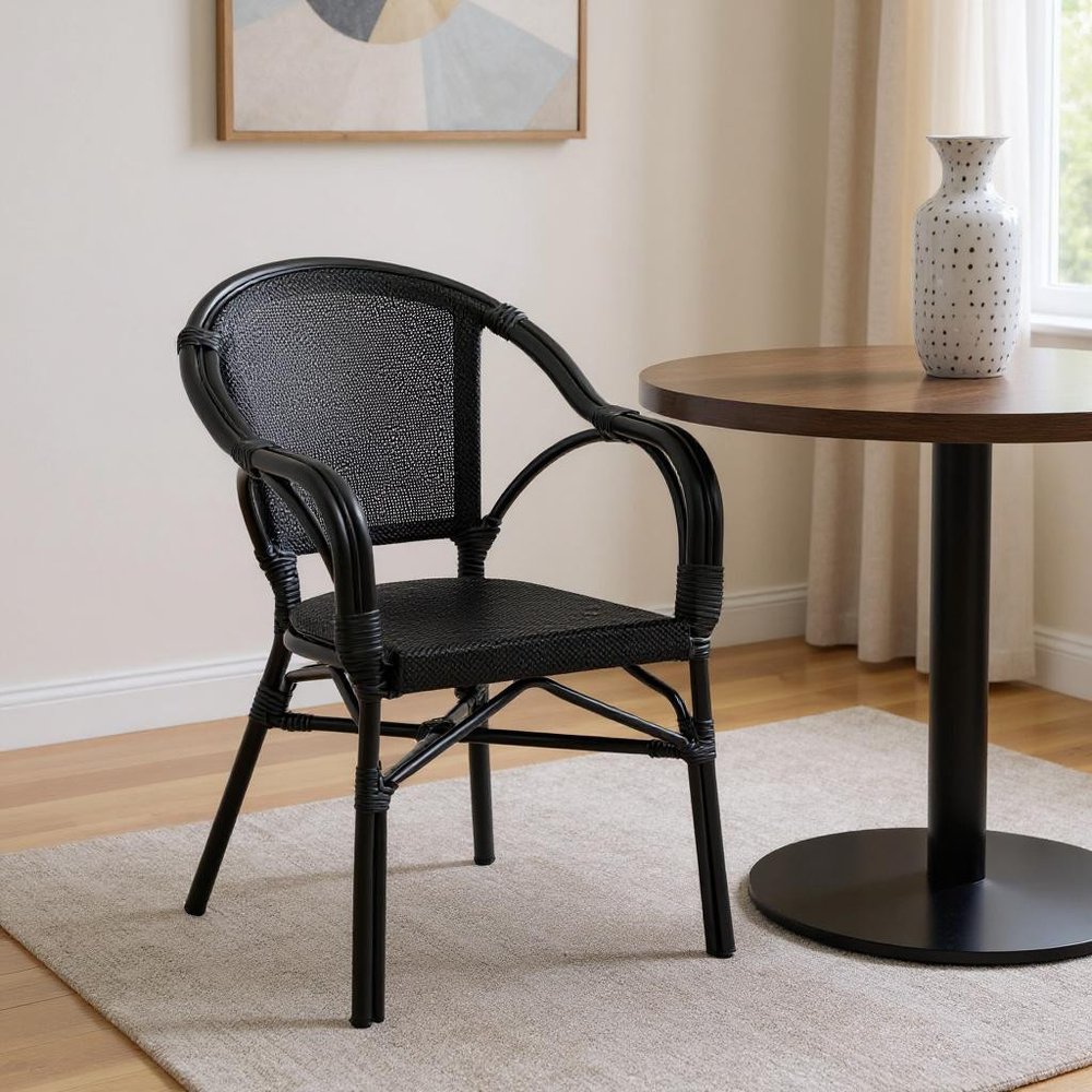 Set of Two Black Textured Mesh Sling And Aluminum Outdoor Stacking Arm Chairs