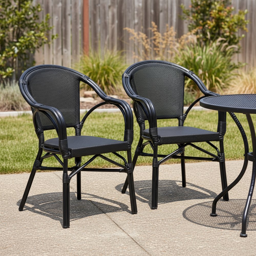 Set of Two Black Textured Mesh Sling And Aluminum Outdoor Stacking Arm Chairs