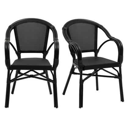 Set of Two Black Textured Mesh Sling And Aluminum Outdoor Stacking Arm Chairs