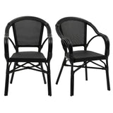 Set of Two Black Textured Mesh Sling And Aluminum Outdoor Stacking Arm Chairs