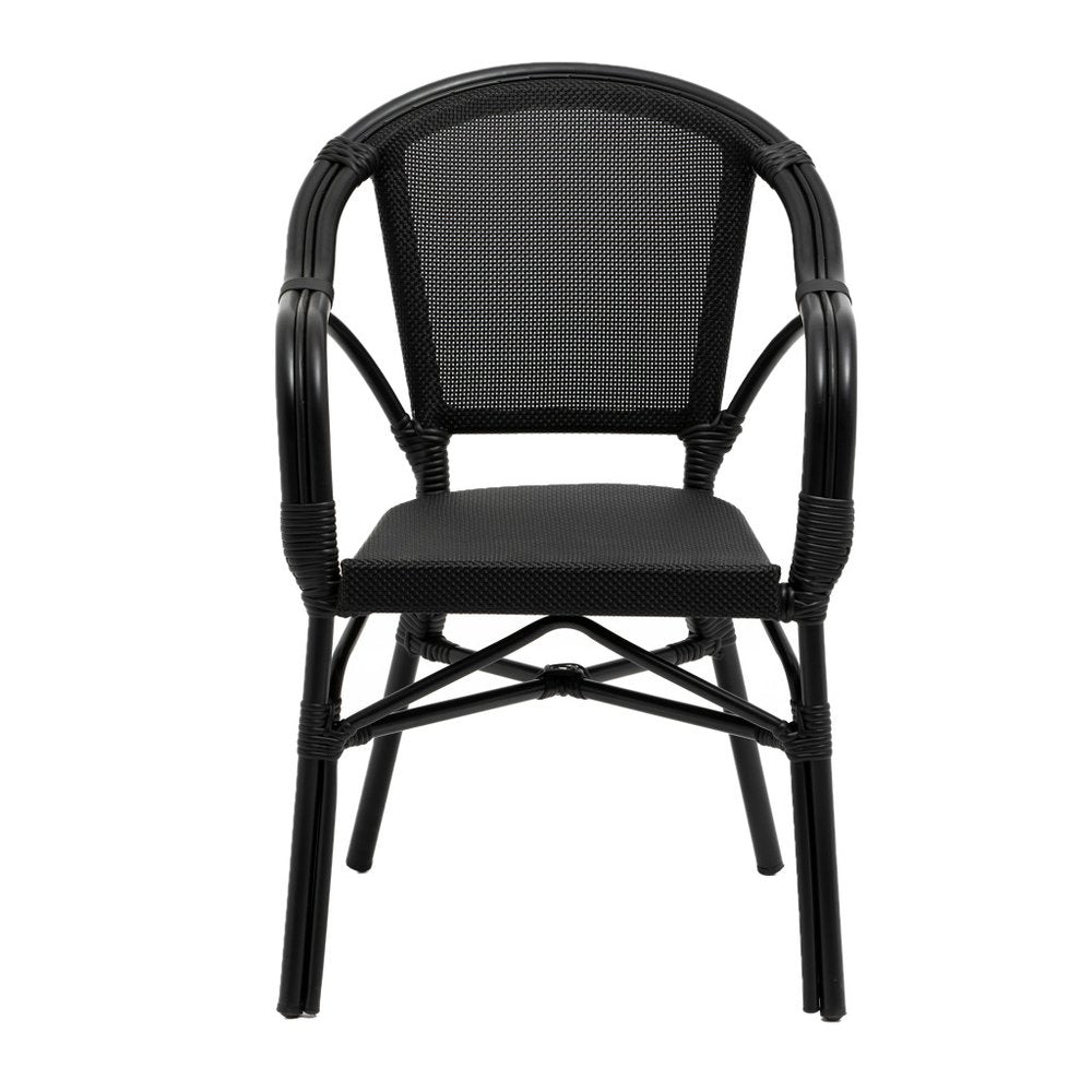 Set of Two Black Textured Mesh Sling And Aluminum Outdoor Stacking Arm Chairs