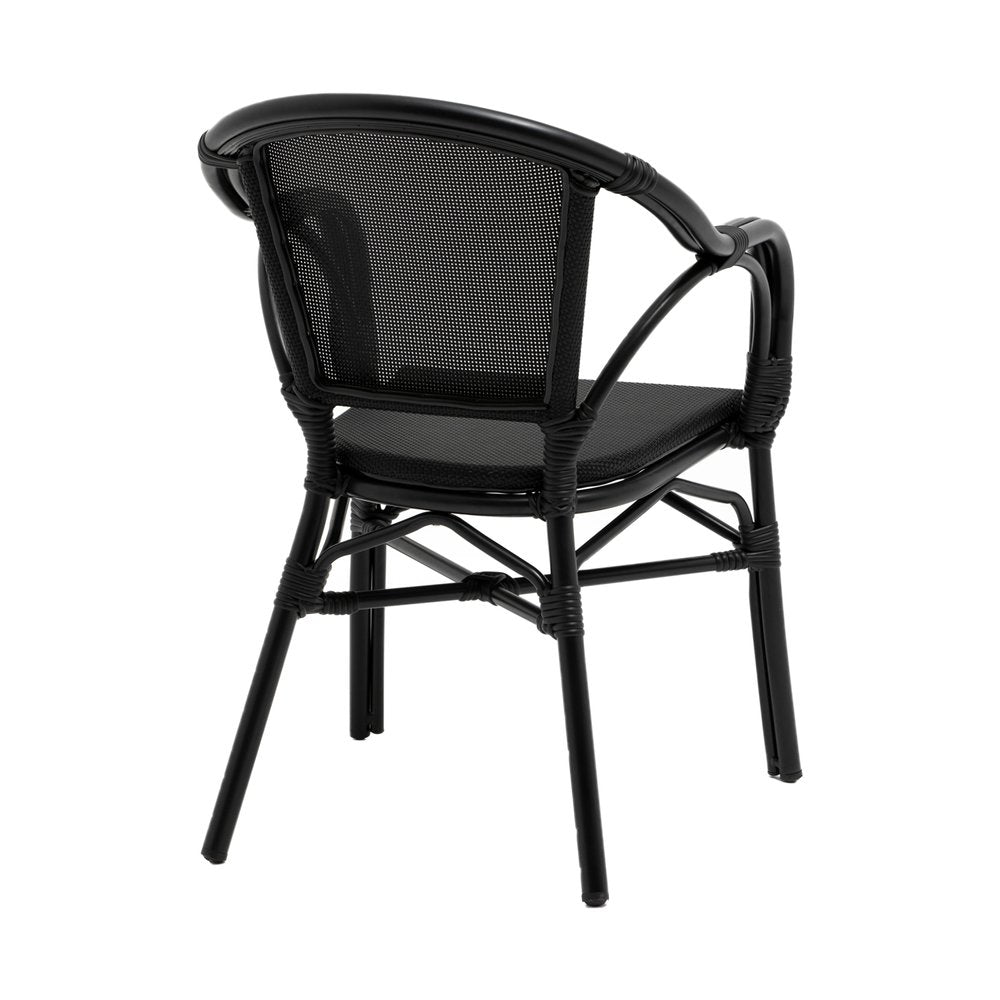Set of Two Black Textured Mesh Sling And Aluminum Outdoor Stacking Arm Chairs