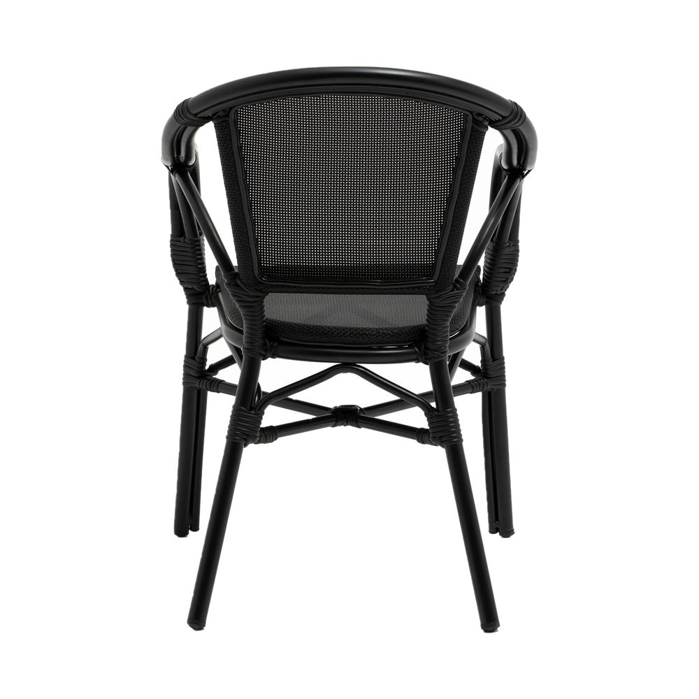 Set of Two Black Textured Mesh Sling And Aluminum Outdoor Stacking Arm Chairs