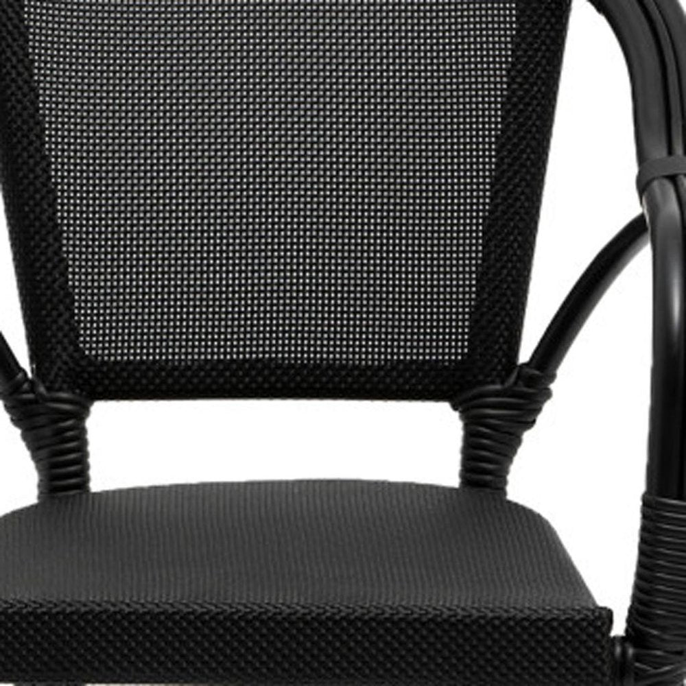 Set of Two Black Textured Mesh Sling And Aluminum Outdoor Stacking Arm Chairs