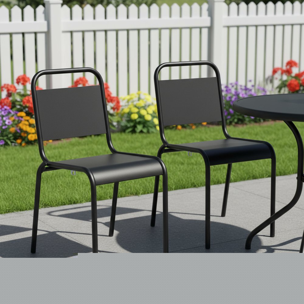 Set of Two Black Aluminum Outdoor Stacking Dining Chairs