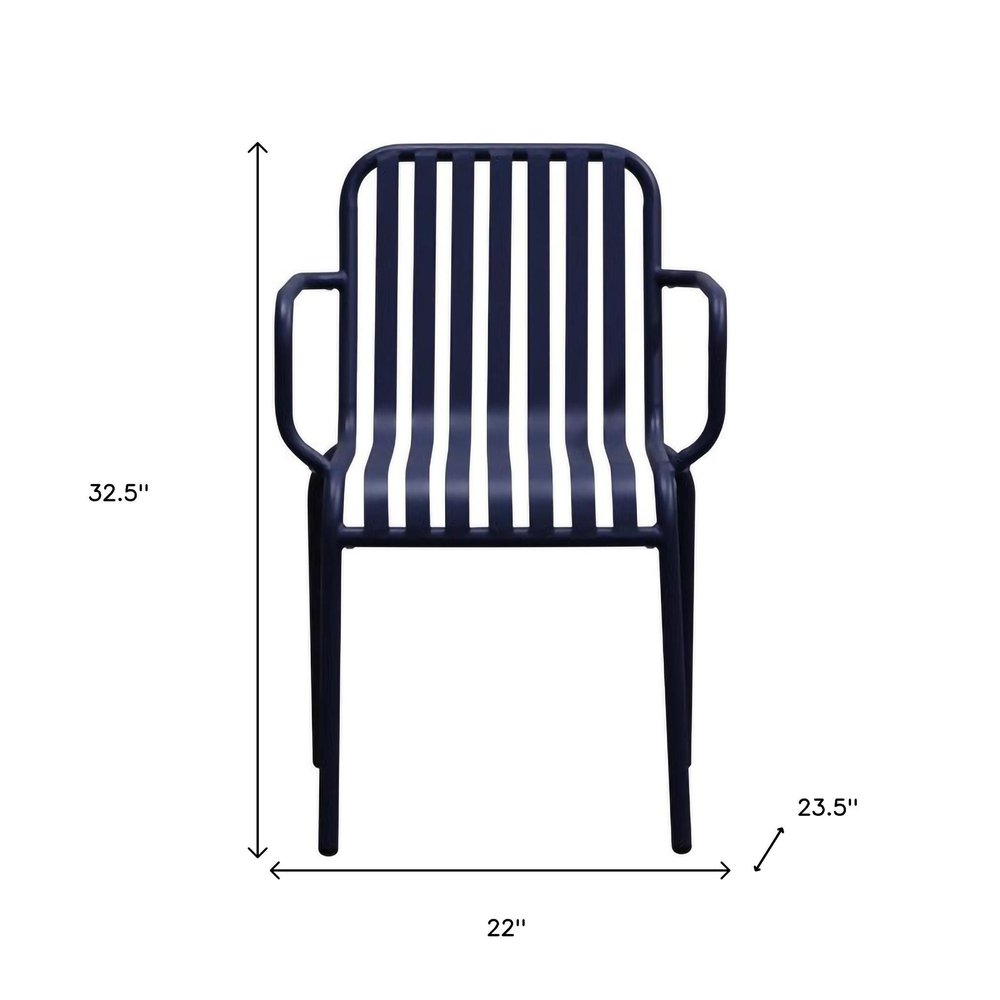 Set of Two Dark Blue Steel Outdoor Stacking Arm Chairs