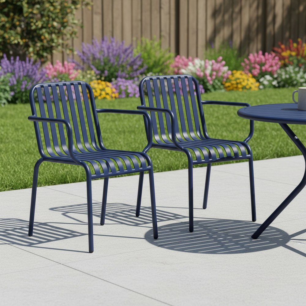 Set of Two Dark Blue Steel Outdoor Stacking Arm Chairs