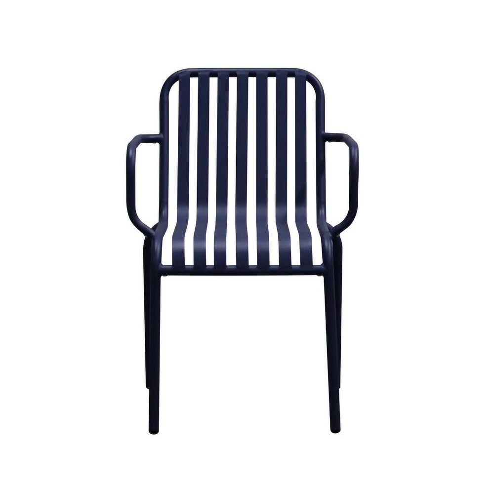 Set of Two Dark Blue Steel Outdoor Stacking Arm Chairs