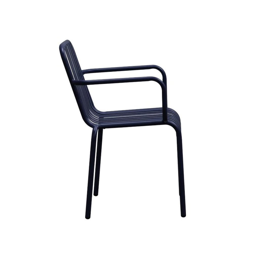Set of Two Dark Blue Steel Outdoor Stacking Arm Chairs