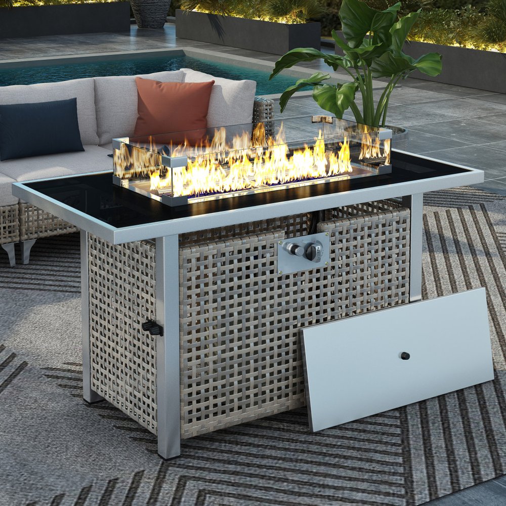 60000 BTU 45" Gray And Black Steel And Wicker Propane Fire Pit Table With Cover