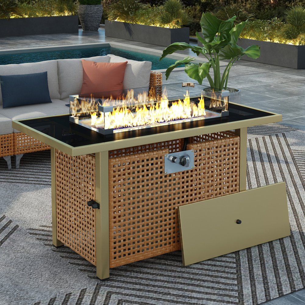 60000 BTU 43" Natural And Black Steel And Wicker Propane Fire Pit Table With Cover