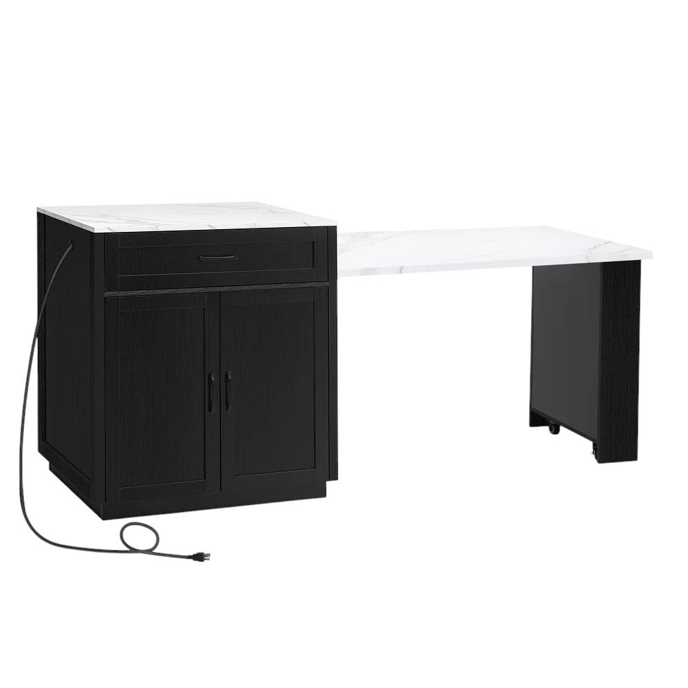 55" White and Black Wood Barn Door Rolling Kitchen Island With Storage With USB