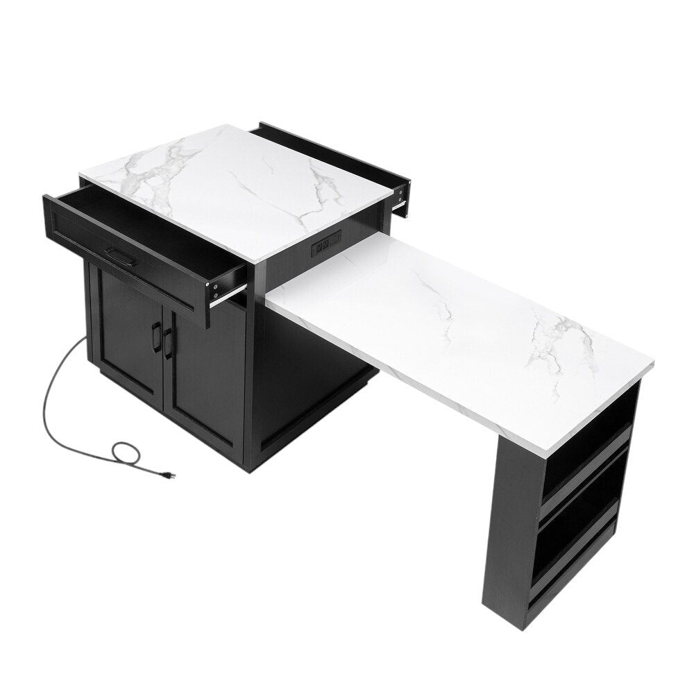 55" White and Black Wood Barn Door Rolling Kitchen Island With Storage With USB