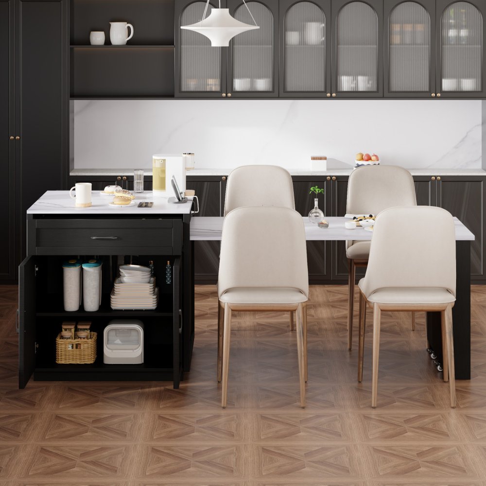 55" White and Black Wood Barn Door Rolling Kitchen Island With Storage With USB