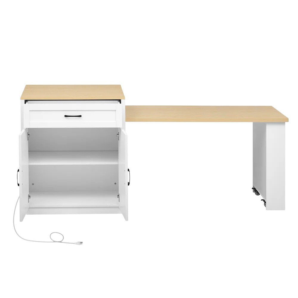 55" Natural and White Wood Barn Door Rolling Kitchen Island With Storage With USB