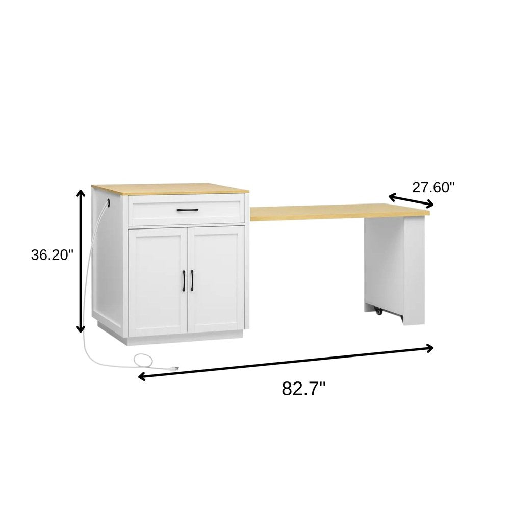 55" Natural and White Wood Barn Door Rolling Kitchen Island With Storage With USB