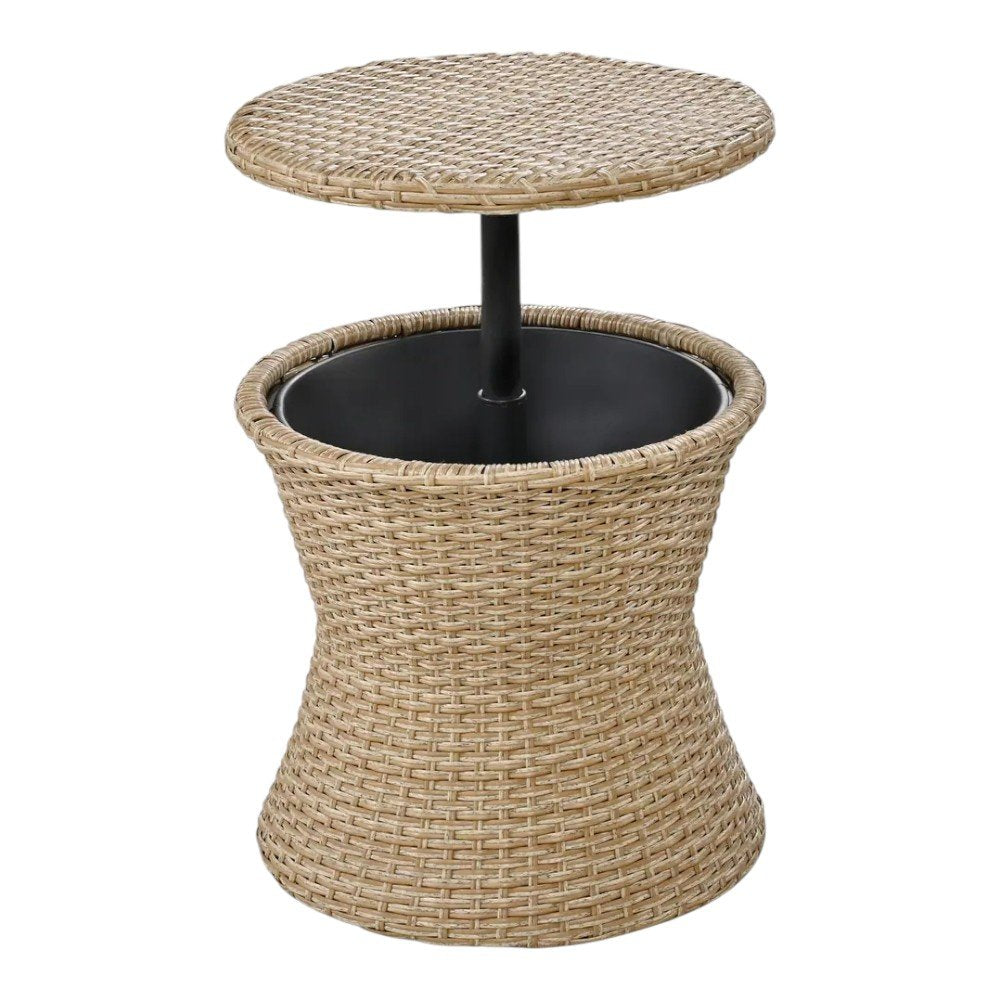 Five Piece Light Gray and Tan Wicker Upholstered Cushions Two Person Seating Group With Table