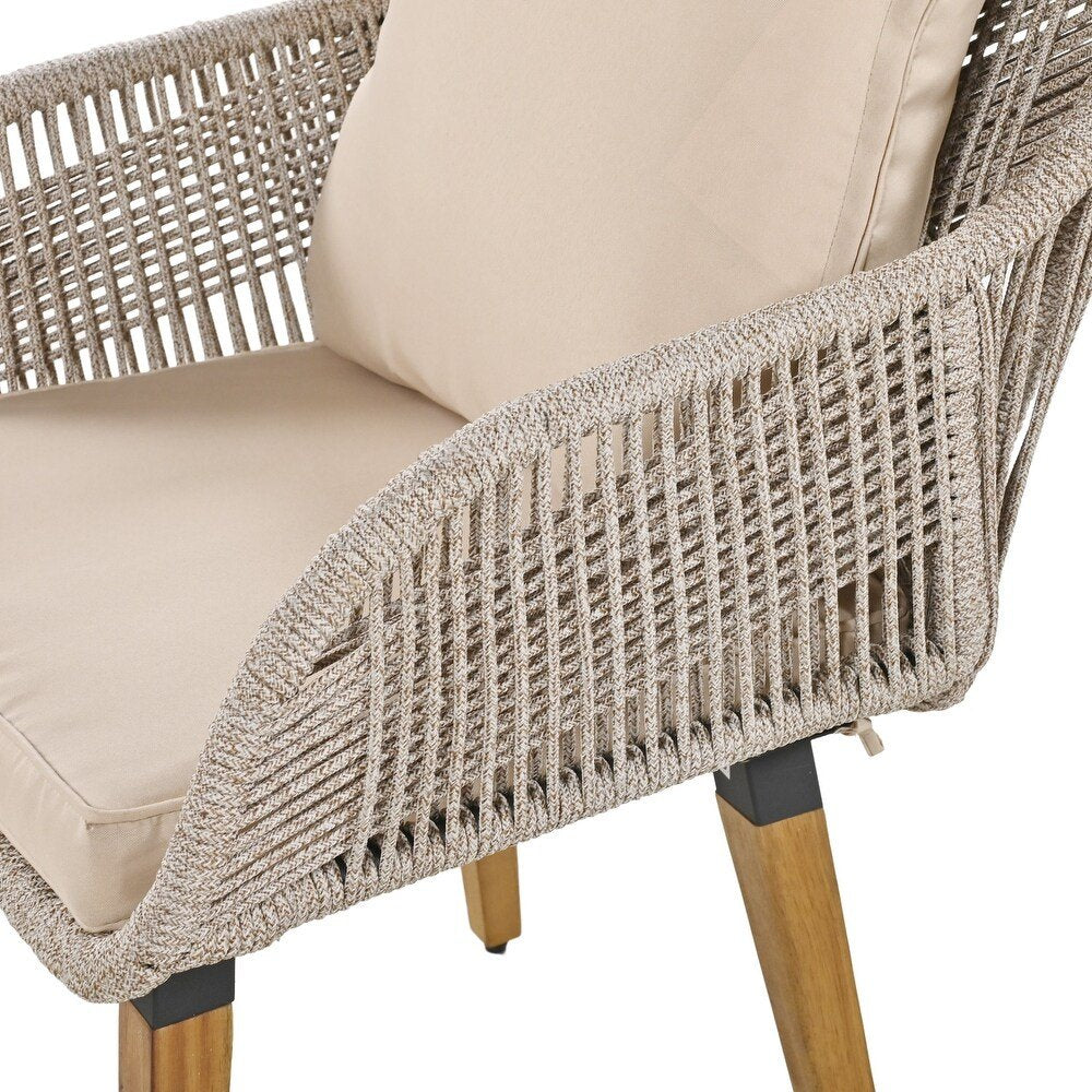 Five Piece Light Gray and Tan Wicker Upholstered Cushions Two Person Seating Group With Table