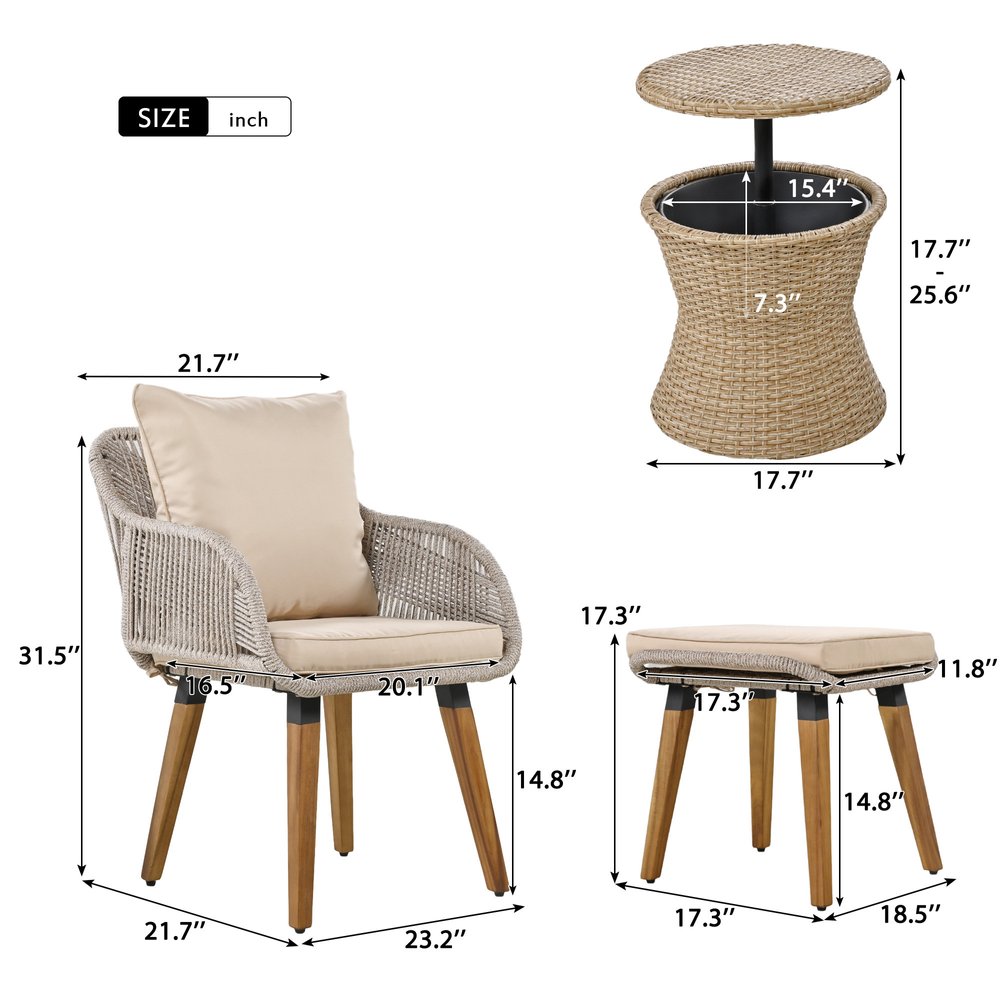 Five Piece Light Gray and Tan Wicker Upholstered Cushions Two Person Seating Group With Table