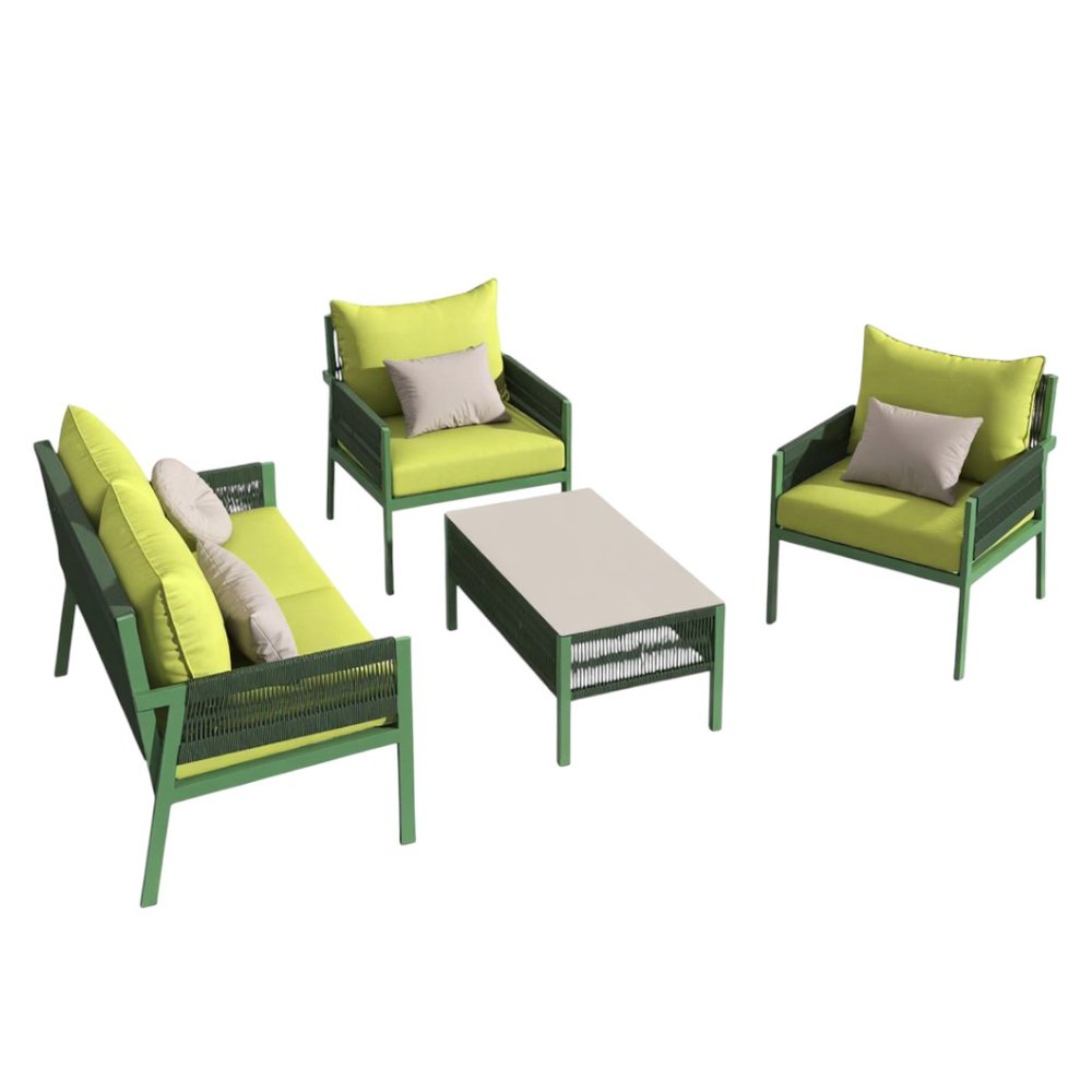 Four Piece Green and Light Green Metal Upholstered Cushions Sofa Seating Group With Table