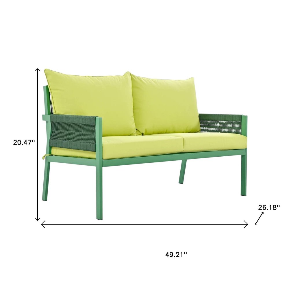 Four Piece Green and Light Green Metal Upholstered Cushions Sofa Seating Group With Table