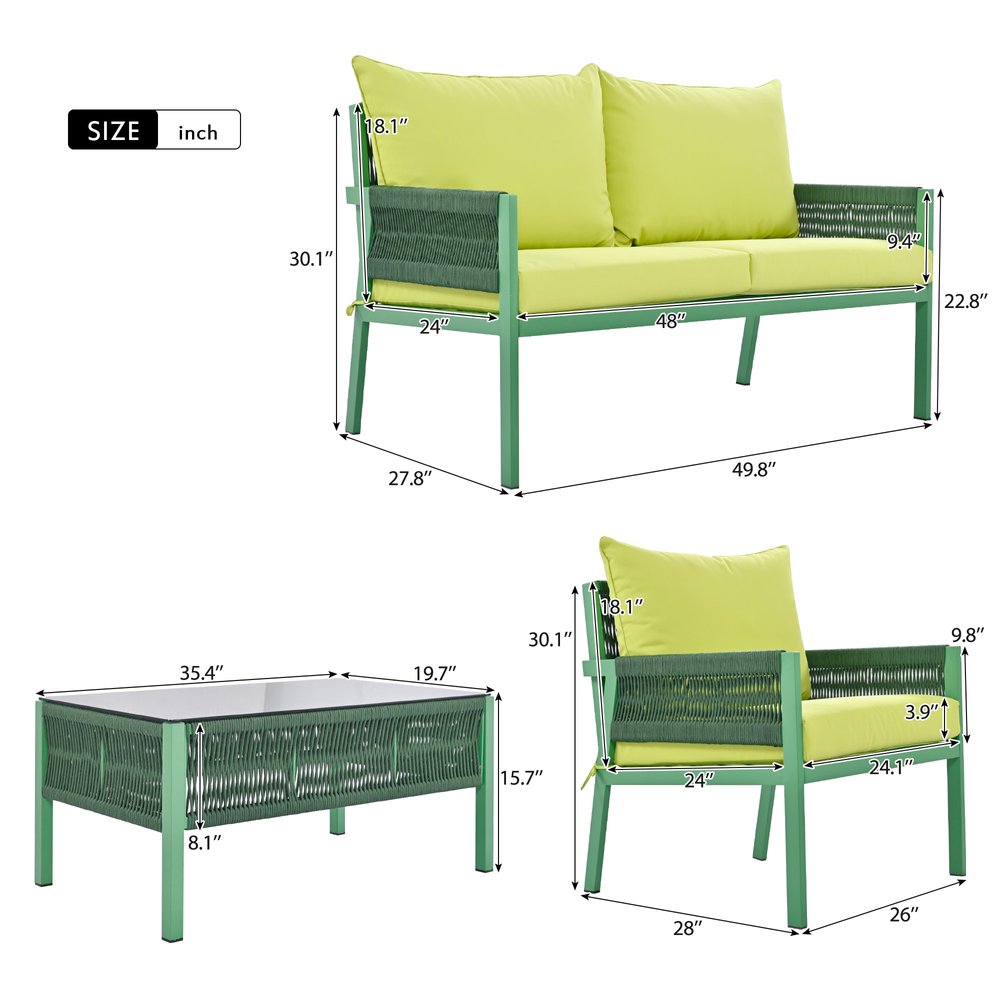Four Piece Green and Light Green Metal Upholstered Cushions Sofa Seating Group With Table