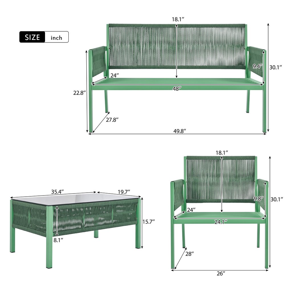 Four Piece Green and Light Green Metal Upholstered Cushions Sofa Seating Group With Table