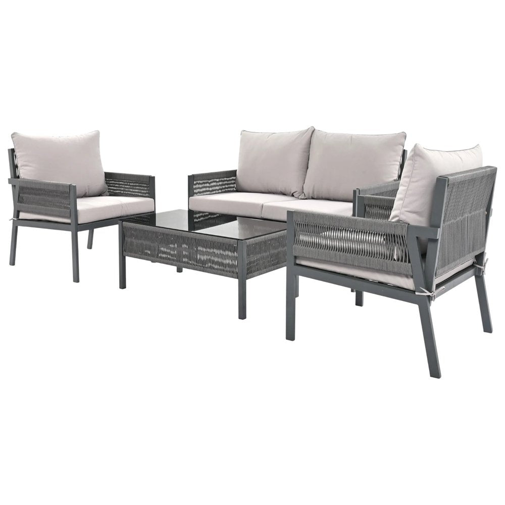 Four Piece Gray Metal Upholstered Cushions Sofa Seating Group With Table