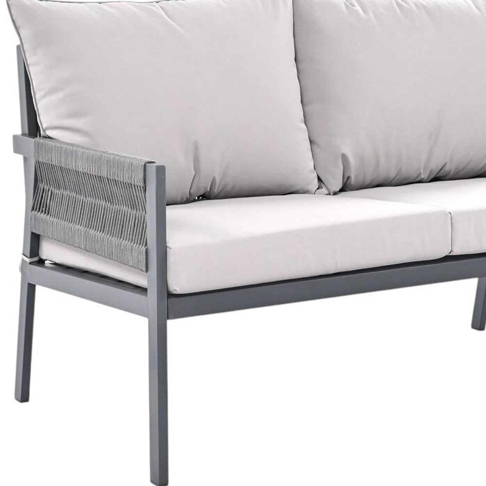 Four Piece Gray Metal Upholstered Cushions Sofa Seating Group With Table